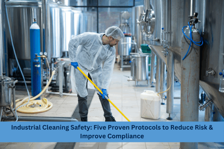 Person in full protective gear mopping the floor of an industrial facility with stainless steel tanks, hoses, and safety equipment. Text overlay reads: “Industrial Cleaning Safety: Five Proven Protocols to Reduce Risk & Improve Compliance.