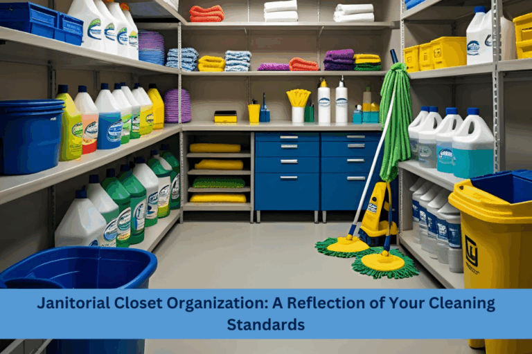 organized janitorial closet showing example of cleaning standards