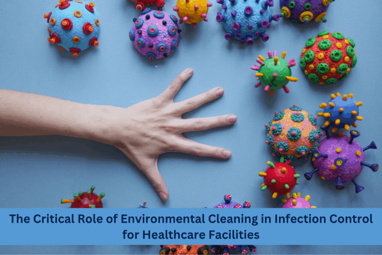 Use clear, keyword-focused alt text that describes the image: "Hand surrounded by colorful virus models illustrating the importance of environmental cleaning for infection control in healthcare facilities.