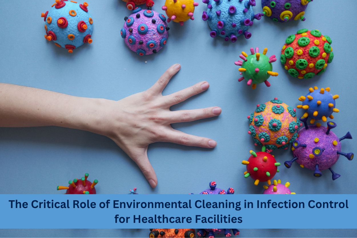 Use clear, keyword-focused alt text that describes the image: "Hand surrounded by colorful virus models illustrating the importance of environmental cleaning for infection control in healthcare facilities.
