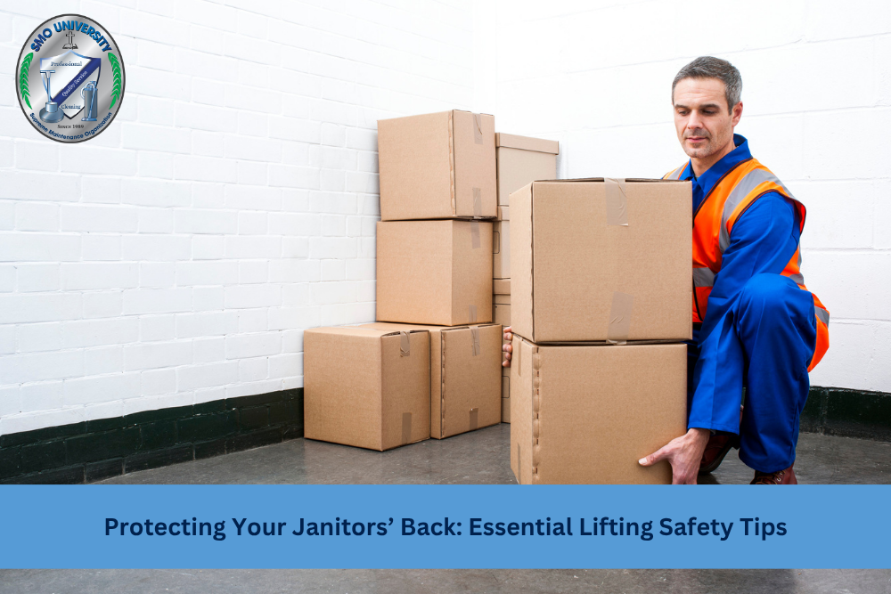 Janitor in safety vest lifting cardboard boxes using proper technique for back protection.