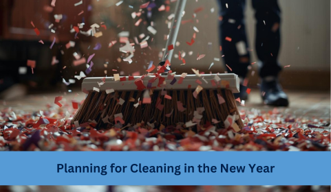 Broom sweeping colorful confetti after New Year celebration, symbolizing facility cleaning and fresh starts