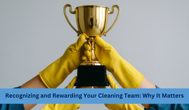 Commercial cleaning team employee recognition represented by a gold trophy held by workers wearing yellow cleaning gloves, highlighting the importance of rewarding janitorial staff at Supreme Maintenance Organization.