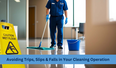 Commercial cleaning professional vacuuming carpet to reduce slip and fall hazards