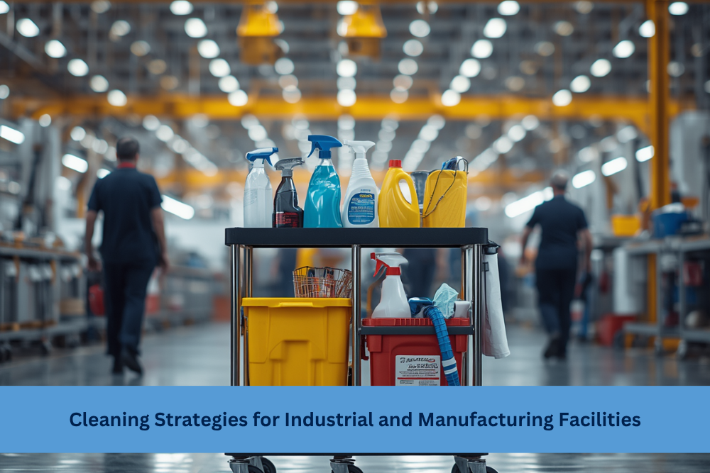 industrial cleaning supplies cart in manufacturing facility with workers and production floor in background