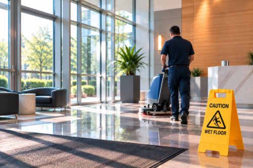 SMO technician performing periodic floor cleaning in a commercial facility