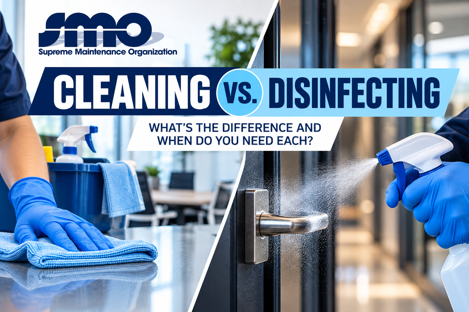 Professional cleaner treating a high-touch surface, illustrating the difference between cleaning and disinfecting in commercial facilities.
