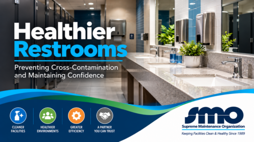 Professional commercial restroom with clean fixtures, sinks, and countertops
