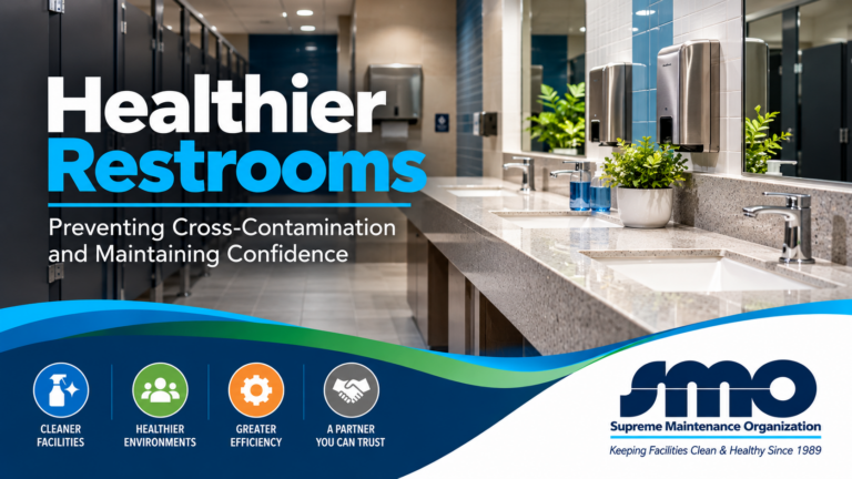 Professional commercial restroom with clean fixtures, sinks, and countertops