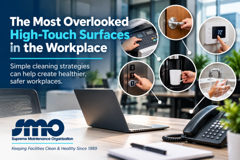 Commercial workplace showing commonly overlooked high-touch surfaces, including shared equipment, switches, and frequently used fixtures.